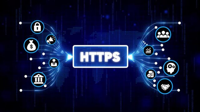 Secure HTTPS digital encryption concept with glowing icons and futuristic network background for cybersecurity and technology