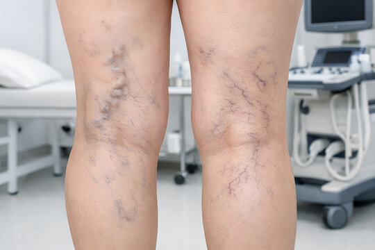 Close up of female legs with visible varicose and spider veins. Medical concept illustrating early stage varicose disease, vascular problems and skin condition in clinic environment.