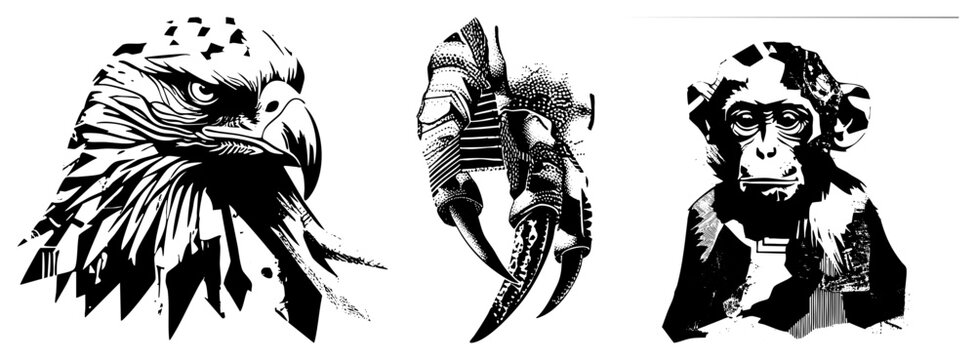 Graphic vector of eagle head, clawed hand, and monkey face in high contrast halftone style, isolated design elements, bold, stencil inspired textures.