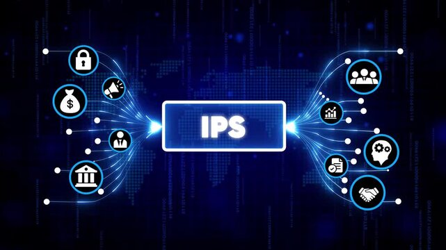 IPS technology digital interface with futuristic business icons and glowing blue network background for innovation and connectivity