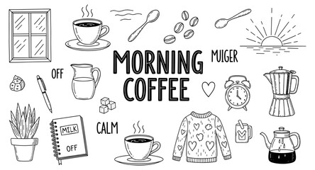 Morning coffee and cozy elements doodle art with sun rising and alarm clock