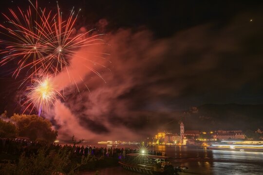 Solstice fireworks with a view of D&uuml;rnstein, Rossatz-Arnsdorf, Lower Austria, Austria