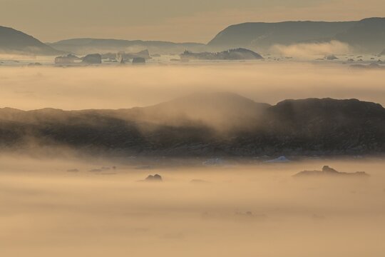 Icebergs in the fog, midnight sun, summer, Ilulissat, Ilulissat Icefjord, Disko Bay, West Greenland, Greenland