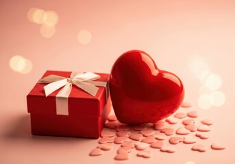 Fototapeta premium Red gift box with white ribbon and heart on pink background with bokeh lights and heart confetti