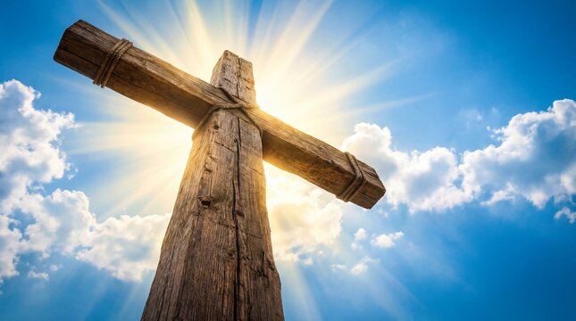 rugged wooden cross against blue sky with shining sunbeams. christian easter resurrection and crucifixion symbol. religious holiday background. church poster, banner, website header with copyspace.