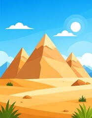 Cartoon pyramids under blue sky with clouds and sunlight illustration