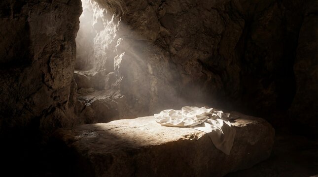 empty stone tomb with folded linen cloth on rock slab. light beams shining from entrance. jesus christ resurrection concept. easter holiday background. church banner, website header.