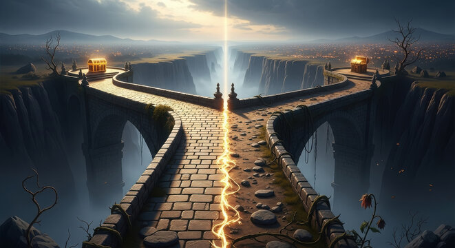 The Moral Choice: Narrow Bridge Splits into Two Paths, Where Personal Gain Dims the Distant City and Self-Sacrifice Makes the Metropolis Shine Brighter.