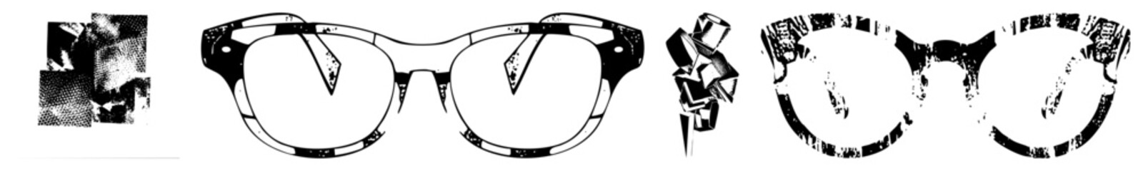 Obraz premium Classic round frame glasses with halftone, retro bow tie detail, vector style, isolated graphic, design, eyewear accessory.