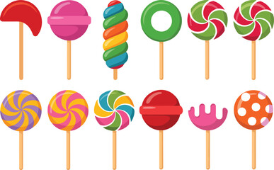 A set of 12 colorful lollipop illustrations arranged in two rows against a white background.