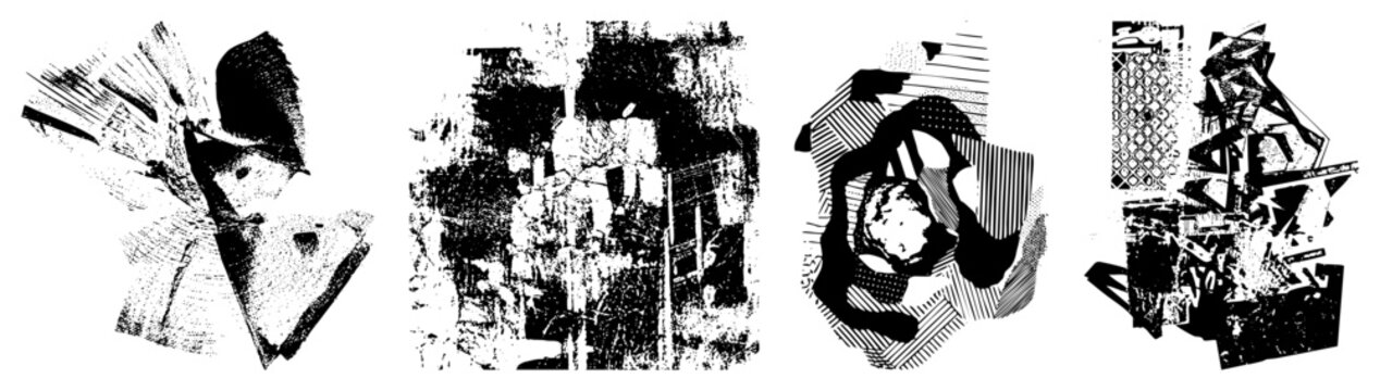 Fragmented abstract shapes with halftone textures, graphic design elements, vector art, bold black and white composition, modern art motifs.
