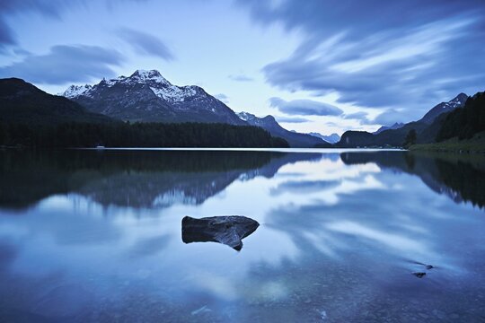 Morning atmosphere at Lake Sils behind Piz da la Margna, Sils, Engadin, Canton Graub&uuml;nden, Switzerland