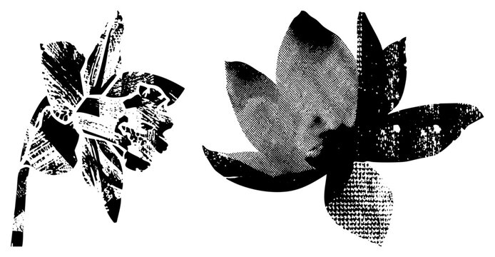 Two abstract flower graphics rendered in bold black shapes with halftone shading and distressed textures, isolated vector art for design use.