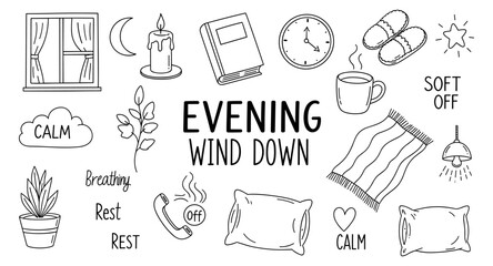 Cozy evening wind down routine with calming elements and relaxation symbols