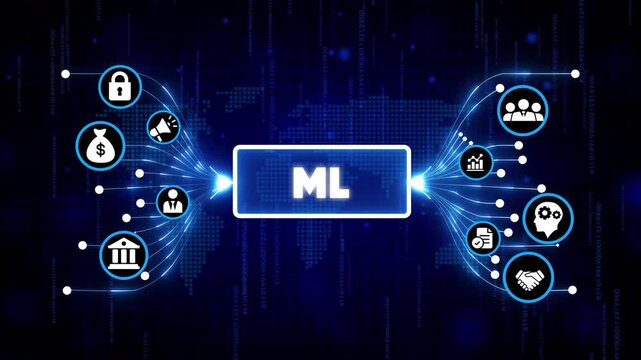 Machine Learning Technology Concept with Digital Icons and Neural Network Background in Futuristic Blue Gradient