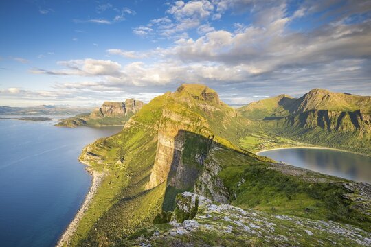 View from Finnesfjellet mountain to mountains and coast, Finnes, Helgeland coast, Bod&oslash;, Nordland, Norway