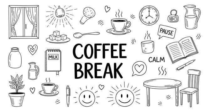 Hand drawn doodle elements for coffee break time with happy faces and calm atmosphere