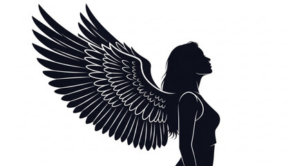 Silhouette of woman with large black wings side profile white background symbolizing freedom and empowerment