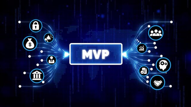 MVP Minimum Viable Product concept in futuristic digital business interface with glowing icons and tech elements on dark blue background