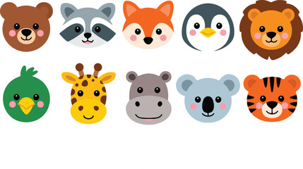 Fototapeta premium Cute Animal Face Outline Icon Set Bear, Fox, Penguin, Lion, and Tiger