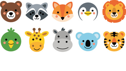 Cute Animal Face Outline Icon Set  Bear, Fox, Penguin, Lion, and Tiger