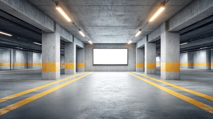 Fototapeta premium Underground Parking Garage Interior with Blank Billboard and Concrete Support Structure, Ideal for Mockup Advertising