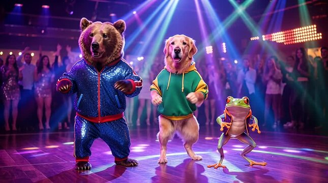 Animal costumes dancing under stage lights entertainment concept