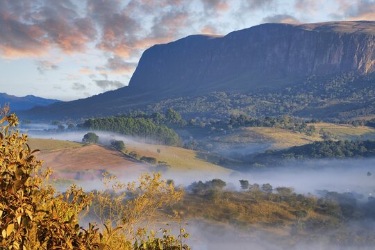 Early morning fog over valleys and mountains, Serra da Canastra, Minas Gerais state, Brazil