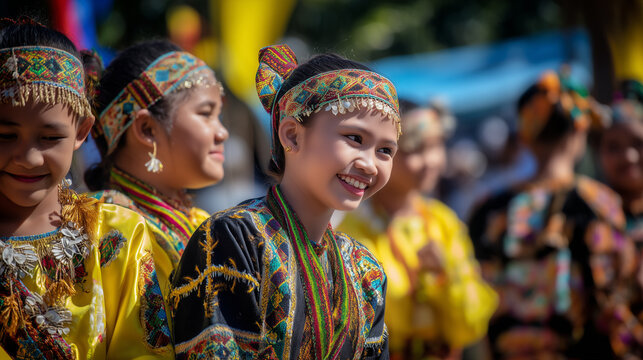 Kaamulan Festival, Smiling Indigenous Children Wearing Traditional Costumes During Kaamulan Festival Cultural Celebration in Bukidnon Philippines