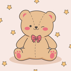 Obraz premium Cute Teddy Bear Cartoon with Bow Tie and Stars