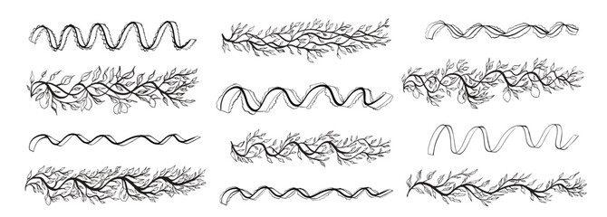 Obraz premium Bachelorette whimsical foliage, lace ribbons menu text dividers. Tree branch leaves, lemons doodle page underline set. Party bow emphasis invitation border elements. Vector hand drawn text separators.