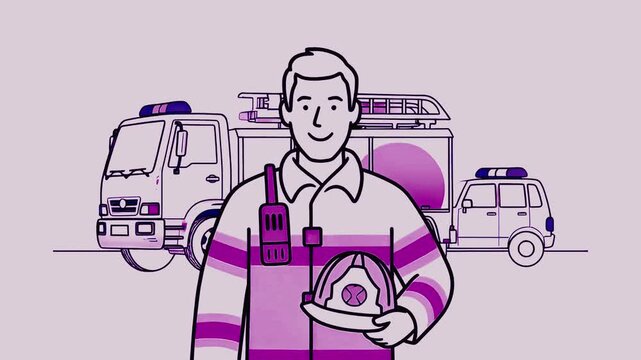 Professional Firefighter Standing with Fire Truck Background, Smiling Male Fireman Holding Helmet - Line Art Explainer Vector Animation