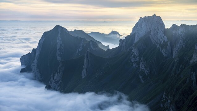 Hoher Kasten and mountains at sunrise, high fog in the valley, view from S&auml;ntis, Appenzell Ausserrhoden, Appenzell Alps, Switzerland