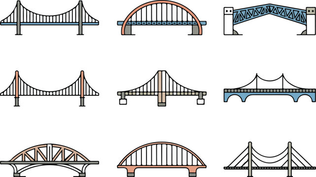 Engineering Bridge Vector Icons  Suspension, Arch, Truss & Modern Designs
