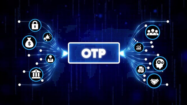 One Time Password OTP verification digital security concept with futuristic tech icons and glowing blue network background