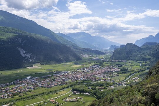 Town view, view of the Sarca Valley with the village of Dro, Garda Mountains, Arco, Trentino-Alto Adige, Italy