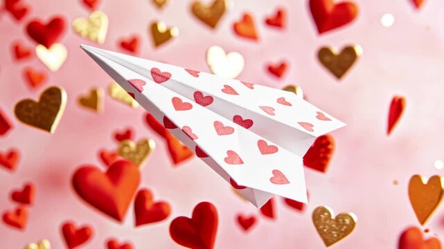 A paper airplane decorated with heart patterns flies through the air, gently flapping its wings, against a backdrop of red and gold hearts, enveloping the scene in a romantic glow