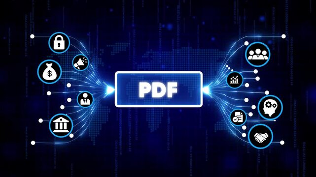 Digital PDF document icon with futuristic technology and business symbols on dark blue cyber network background