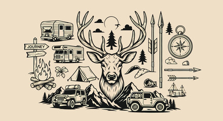 Illustration of Deer Head with Camping Gear.