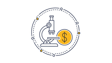 Scientific research funding concept showing a microscope and a gold dollar coin inside a circular frame with chemical dots and connecting lines.