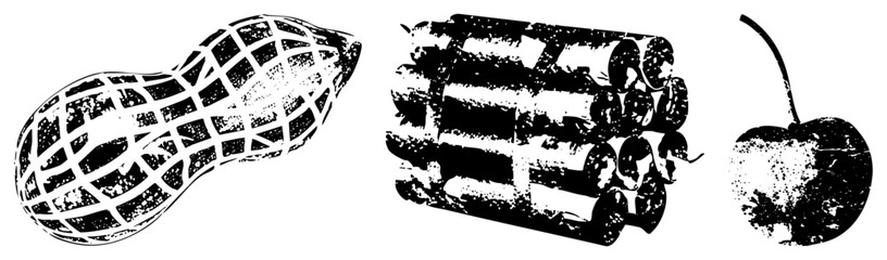 Obraz premium Black and white vector art of peanut, stacked logs, and cherry fruit, textured with halftone grain, isolated graphic elements, rustic design.