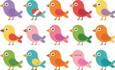 Fototapeta premium Cute Bird Outline Character Set Small Flying Cartoon Birds