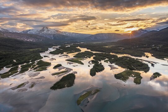 Aerial view, river delta with islands and mountains, river Glom&aring;ga, Mo i Rana, Norway