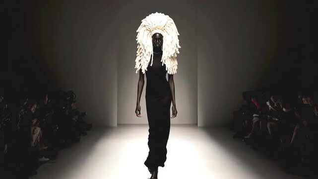 Full shot of a fashion model with dark skin walking on a runway wearing an avant-garde cream yarn headpiece and black dress under bright spotlight