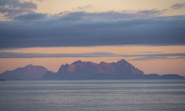 Sea and rocky mountain range, at sunset, Bod&oslash;, Nordland, Norway