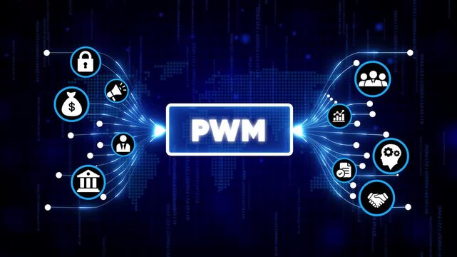 PWM technology digital interface with futuristic icons and glowing blue circuit network for business and innovation concepts