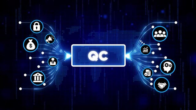 Quantum computing technology digital interface with futuristic icons and glowing blue network background for innovation and AI