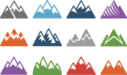 Mountain Landscape Outline Vector Set  Snowy Peaks, Cliffs, and Hills