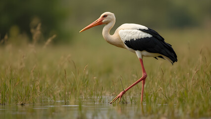 Regal stork posture in marsh. Ultra realistic stork image. Majestic stork in wetland habitat. Elegant stork standing still.
