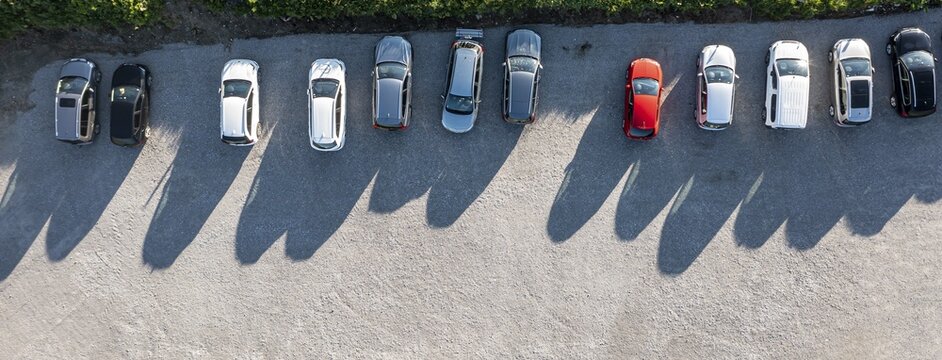 Parked cars, car park from above, aerial view, Austria